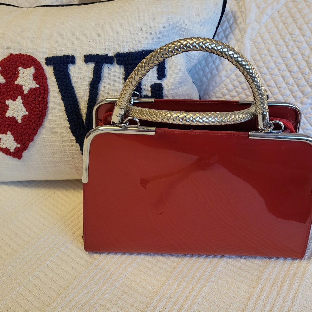 Fire engine red patent letter satchel